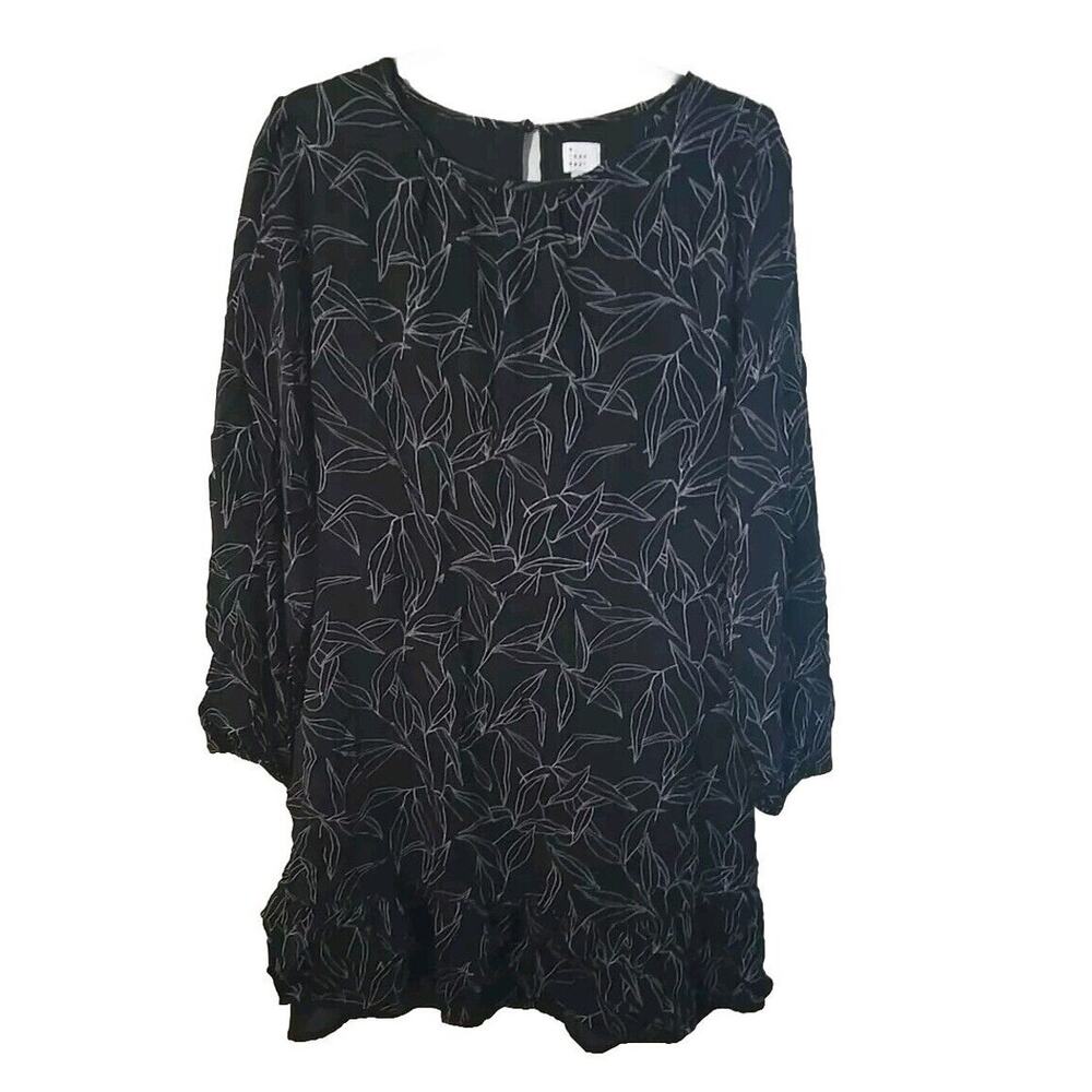 A New Day Black Leaves Print Waisted Defined Long Sleeve Dress Womans Size XL